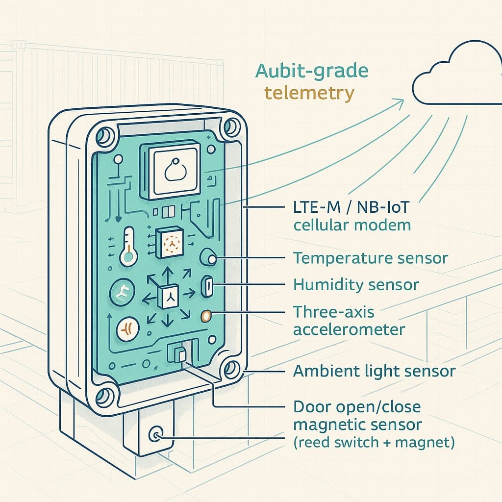 Hardware architecture diagram of a multi-sensor industrial asset tracker showing GNSS, LTE-M / NB-IoT modem, temperature, humidity, accelerometer, ambient light, and door sensors feeding into an audit-grade telemetry pipeline.