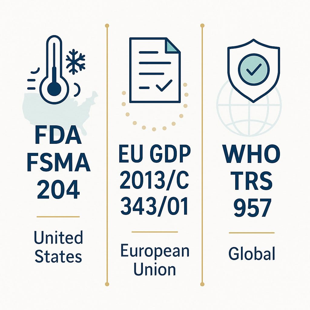 Three pillars comparison illustration showing FDA FSMA 204, EU GDP 2013, and WHO TRS 957 pharmaceutical cold chain compliance frameworks