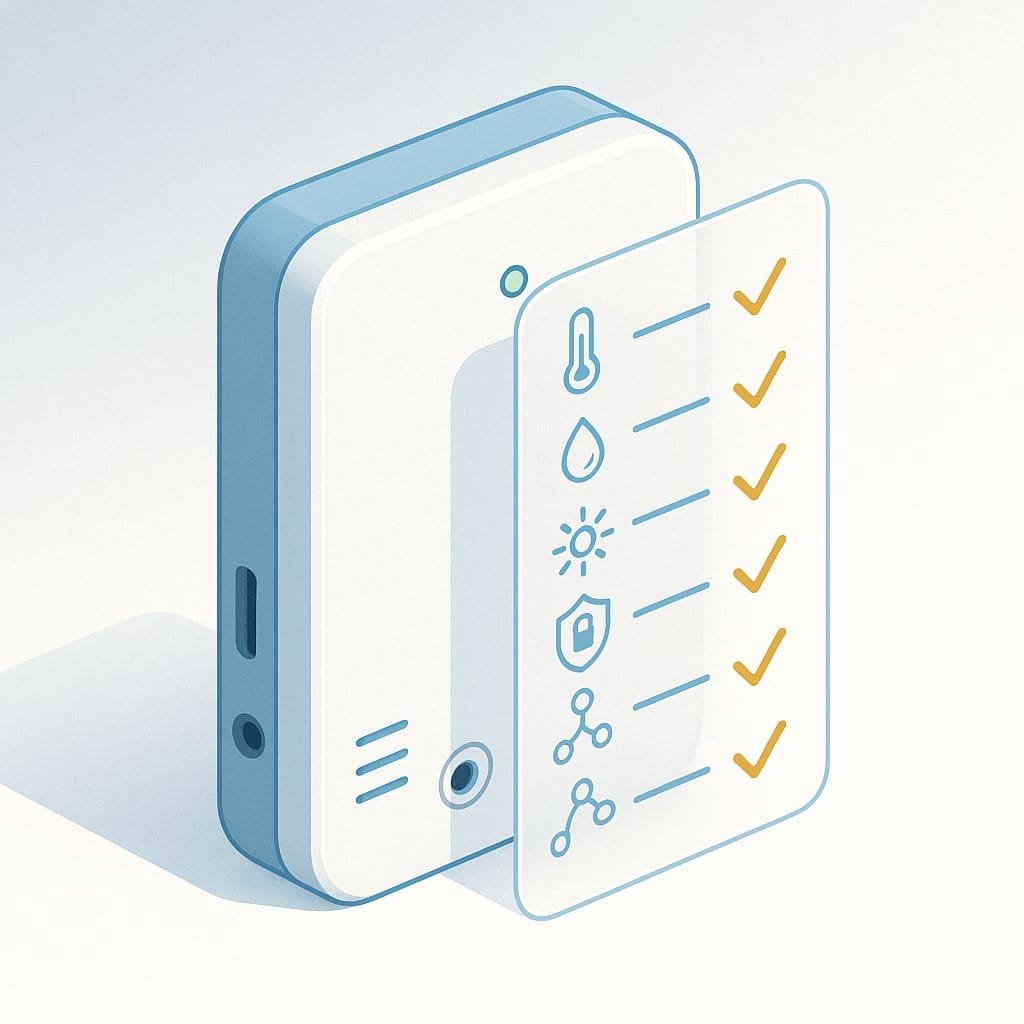 Pharmaceutical cold chain monitoring device capability checklist showing temperature, humidity, light, shock, audit trail, and data integrity requirements