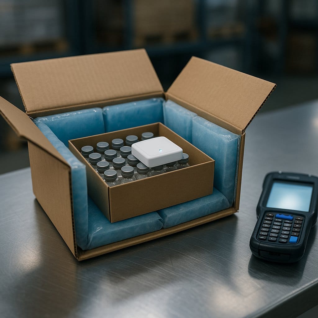 BLE temperature logger resting on a vial tray inside an opened insulated pharmaceutical shipper at a receiving table