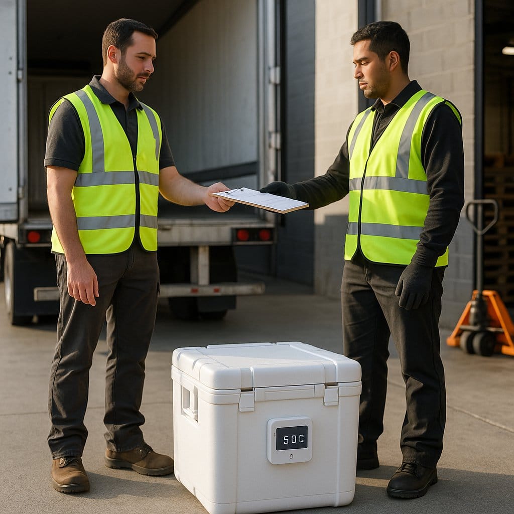 Loading dock handover scene between truck driver and warehouse worker with an IoT-monitored pharmaceutical shipment