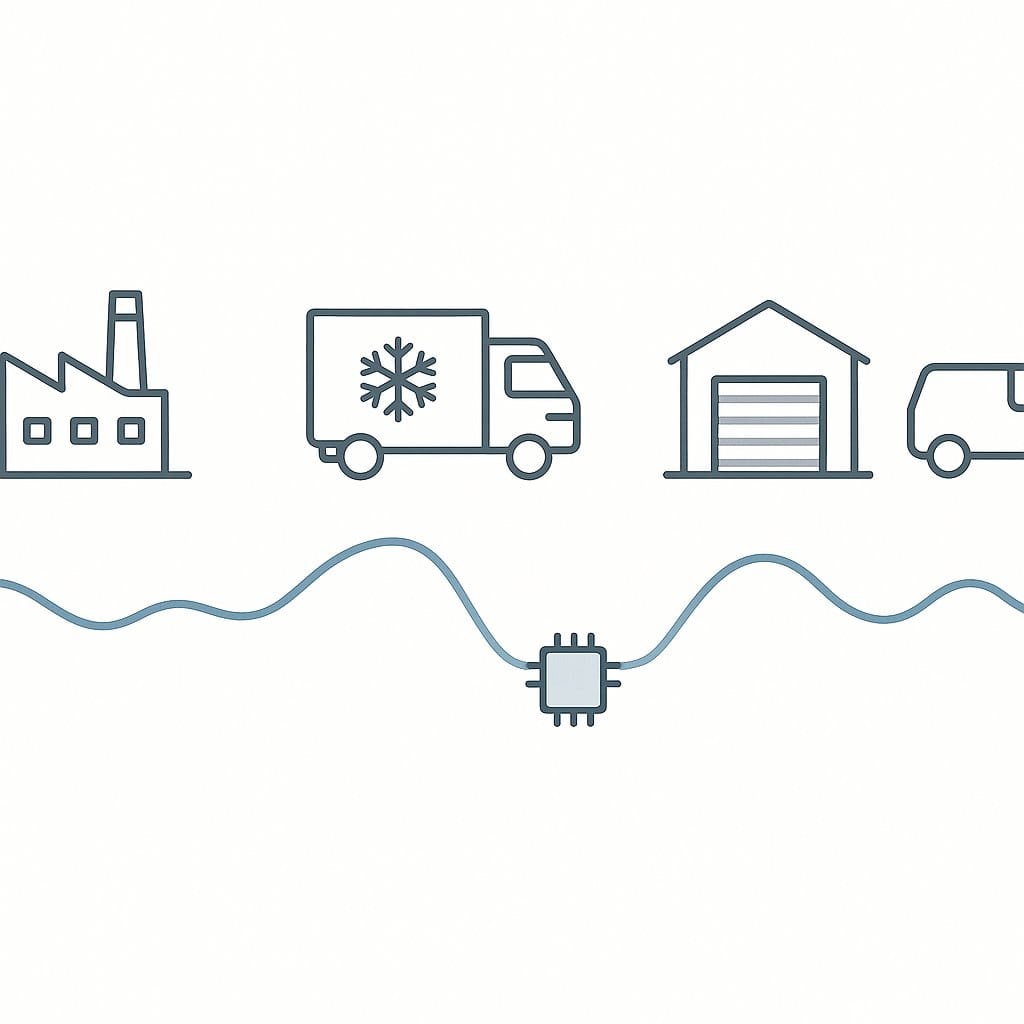 Cold chain journey diagram showing a temperature record with a connectivity dead-zone gap kept continuous by on-device logging