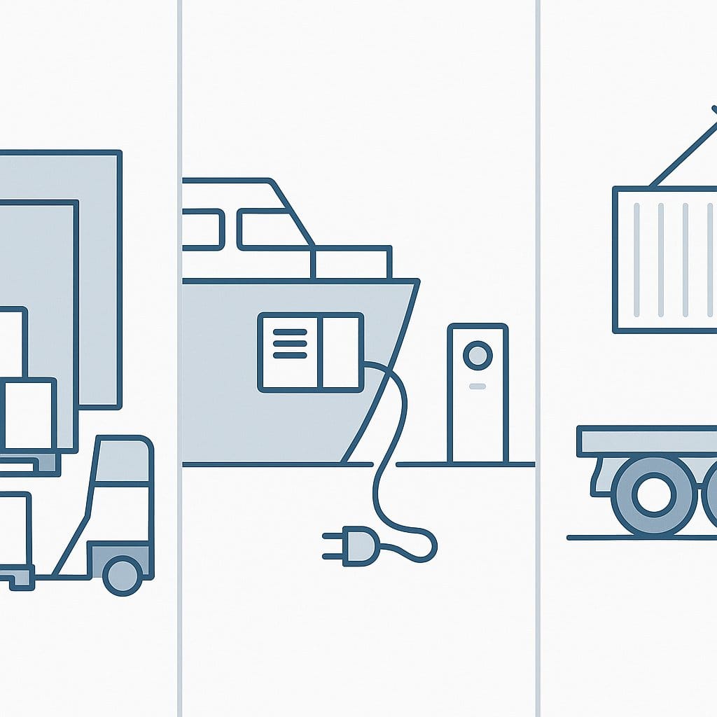 Schematic of the three highest-risk cold chain transfer zones: dock to truck, ship to shore power at a port, and container to road trailer