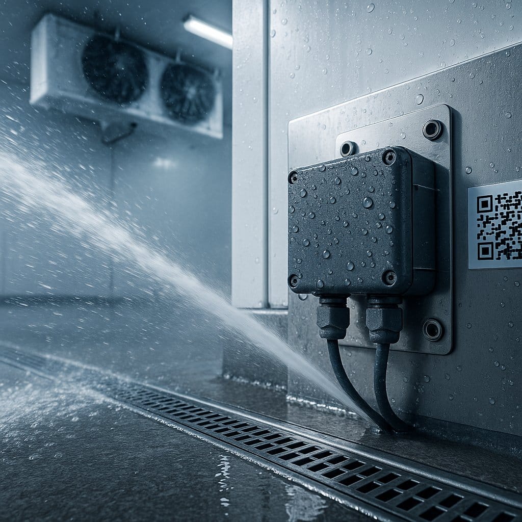 High-pressure wash-down in food processing cold room with IP67-rated IoT sensor