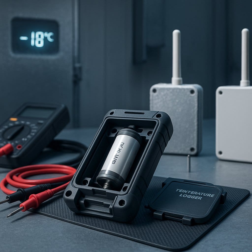 Temperature logger with open battery compartment showing lithium thionyl chloride cell