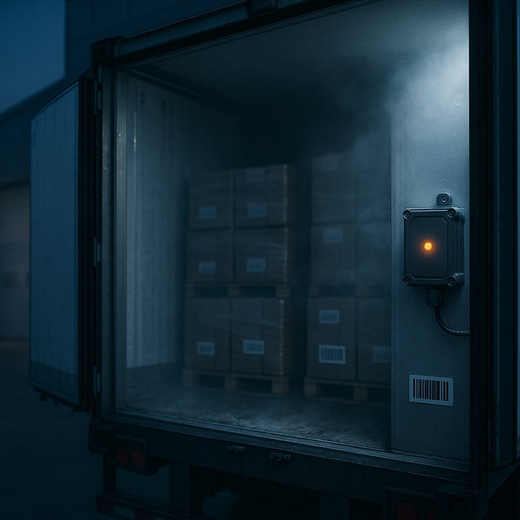 Atmospheric dawn scene at refrigerated truck dock with cold mist from open reefer container, IoT sensor amber LED glowing through fog