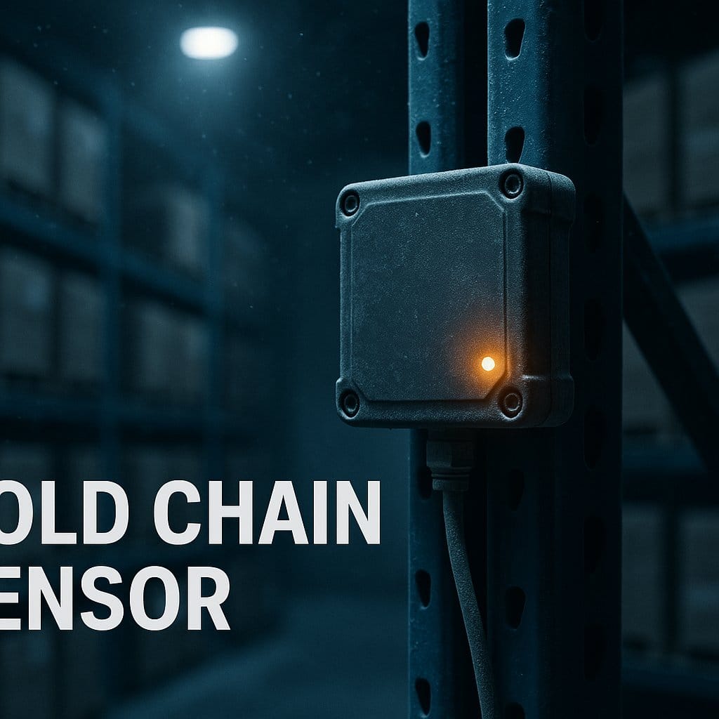 Single IoT temperature sensor with amber LED in dark cold storage facility, frost particles suspended in cold air
