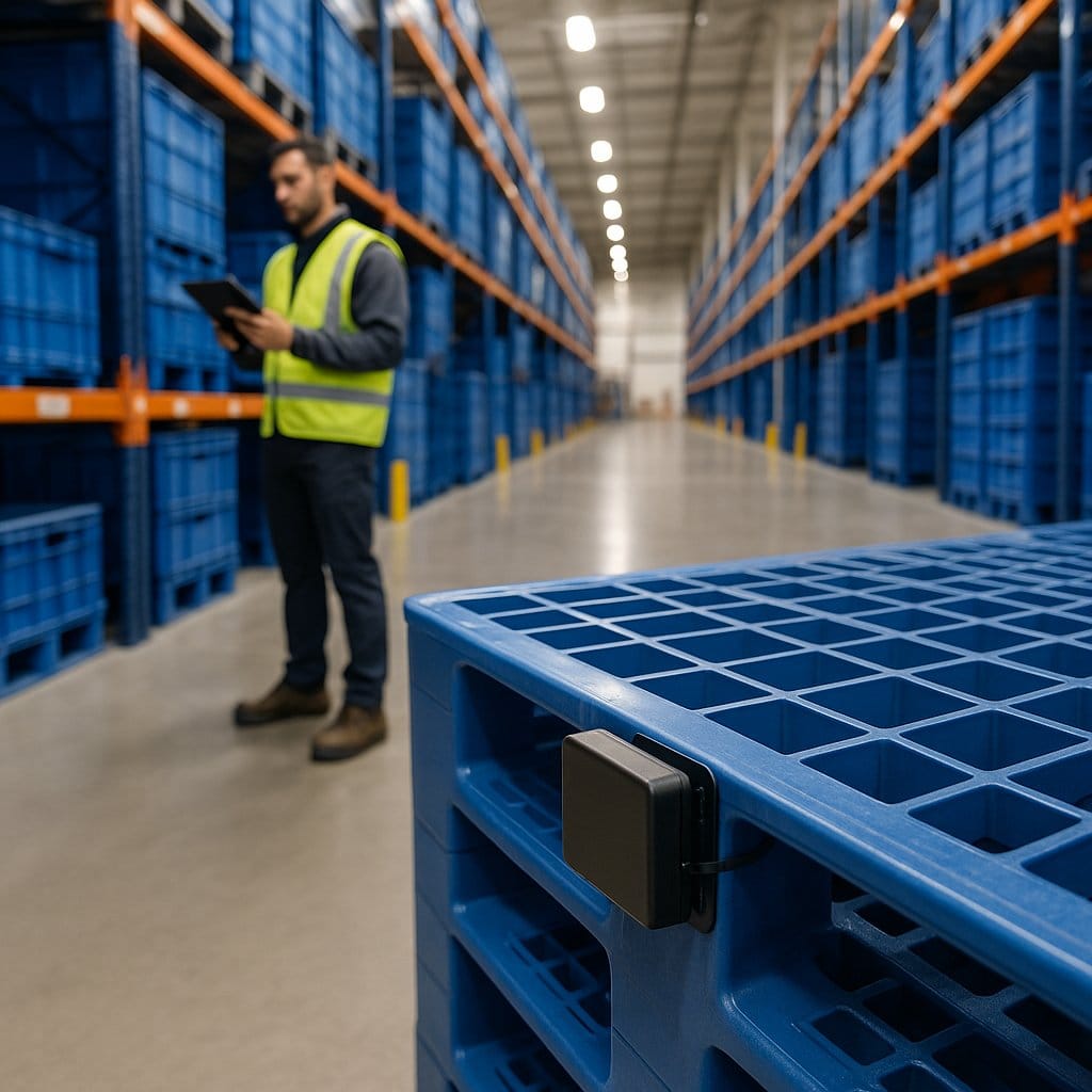 Distribution warehouse with returnable pallets and crates, worker using a tablet for asset inventory management