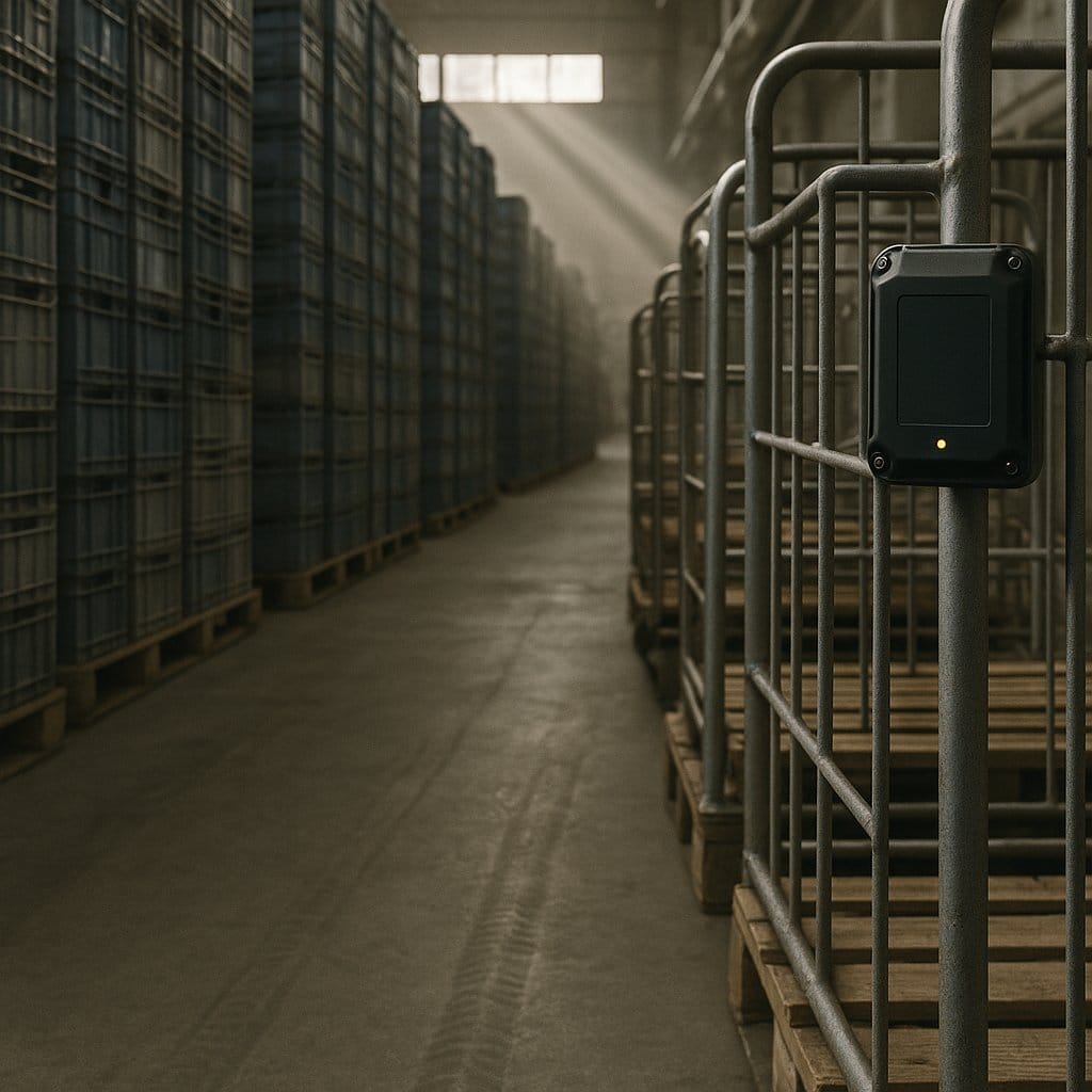 Rugged GPS asset tracker mounted on a metal roll cage beside stacks of returnable plastic crates in a warehouse