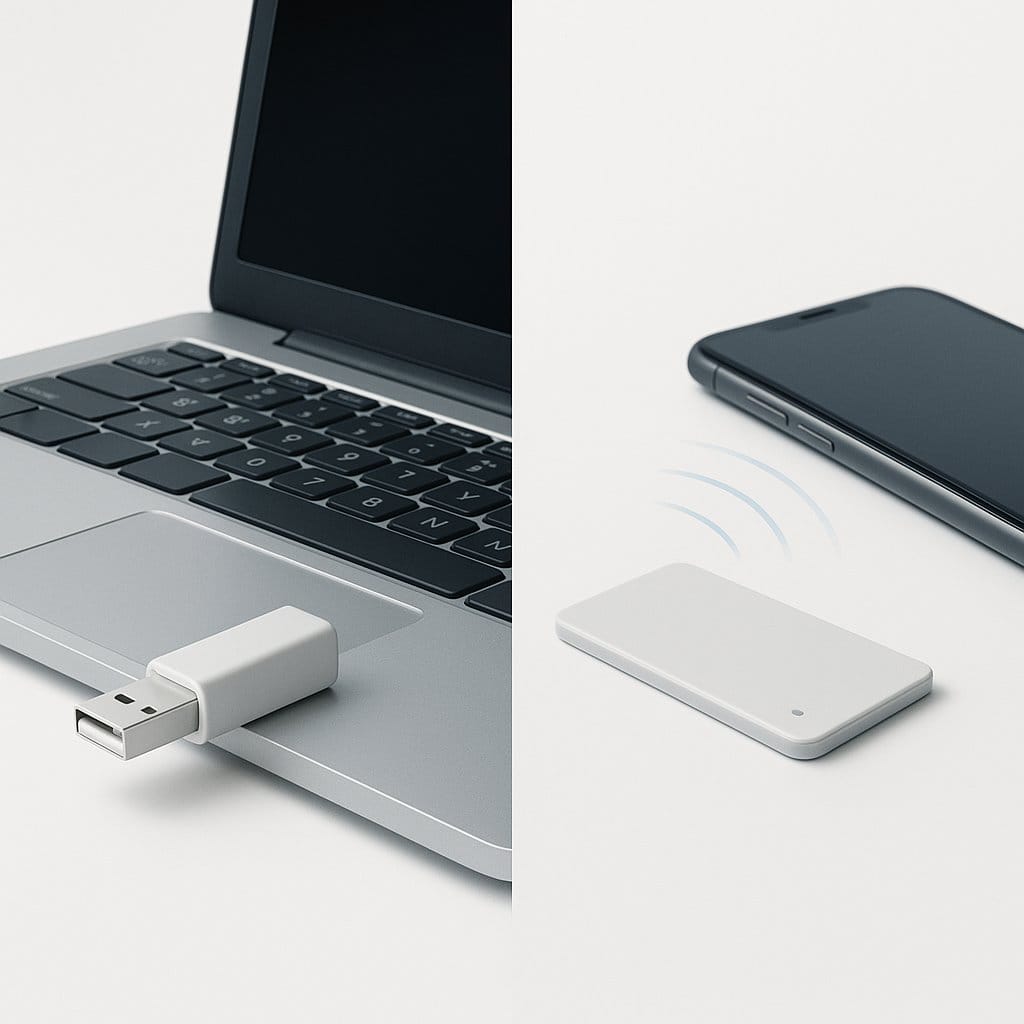 Single-use USB temperature logger plugged into a laptop beside a reusable card-shaped BLE logger broadcasting to a smartphone
