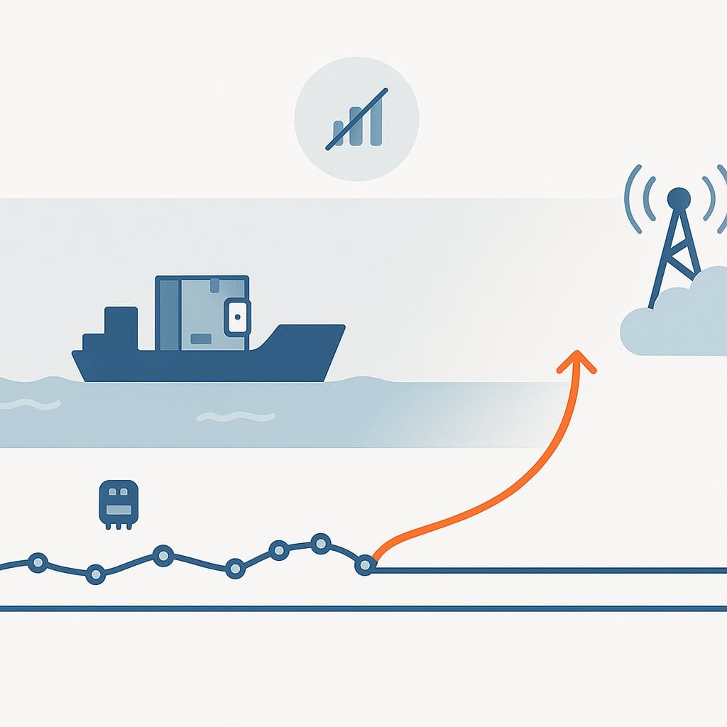 Diagram of a shipment-level monitor logging temperature on-device through a connectivity dead zone, then backfilling the data when the network returns