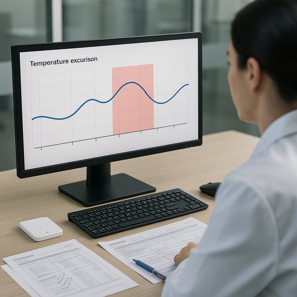 Quality assurance specialist reviewing temperature excursion data on a monitor with a BLE data logger on the desk
