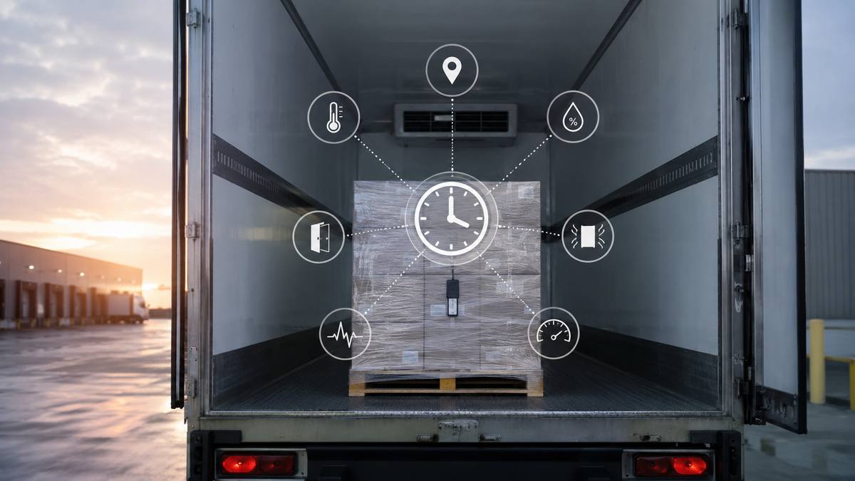 A shrink-wrapped pallet inside a refrigerated trailer with temperature, location, humidity, door, shock and motion channels radiating from a clock at the centre of the load, representing a cargo-level record on one shared time base.