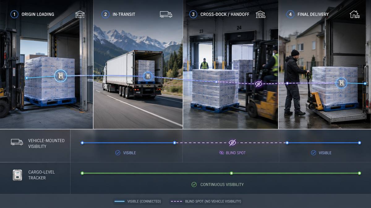 A four-stage shipment journey comparing vehicle-mounted visibility, which goes blank during cross-dock and facility dwell, against a cargo-level device that keeps recording continuously from origin loading through to final delivery.