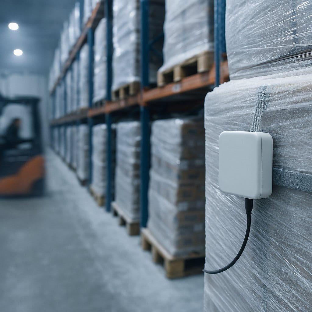 Tracking device with external probe cable strapped to a frosted pallet inside a deep-freeze warehouse at minus 25 degrees