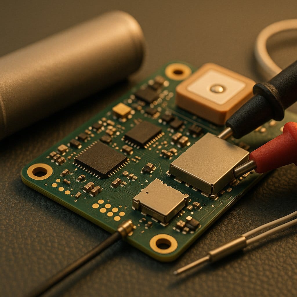 IoT tracker circuit board on a workbench beside a lithium cell and a platinum RTD temperature probe