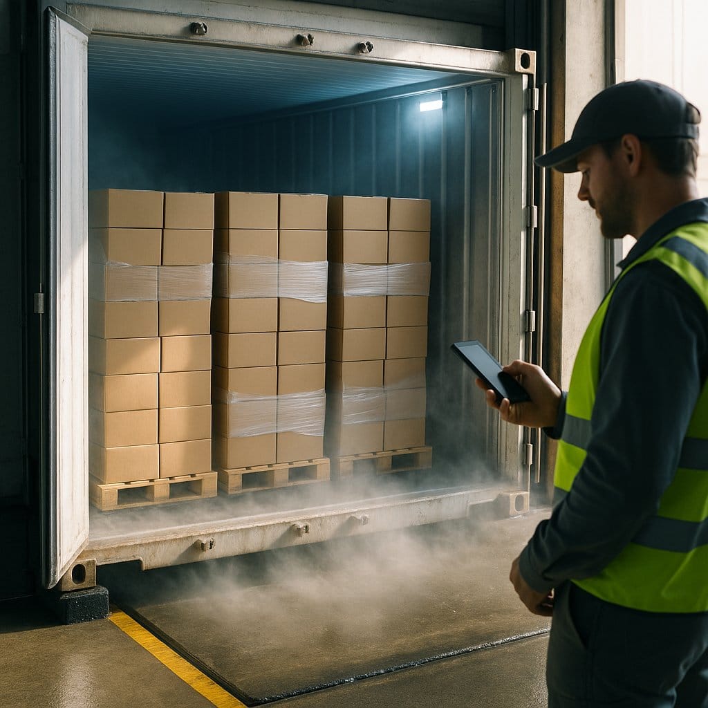 Open reefer container doors at a loading dock with cold vapor escaping, the moment GNSS reception returns for a cargo tracker