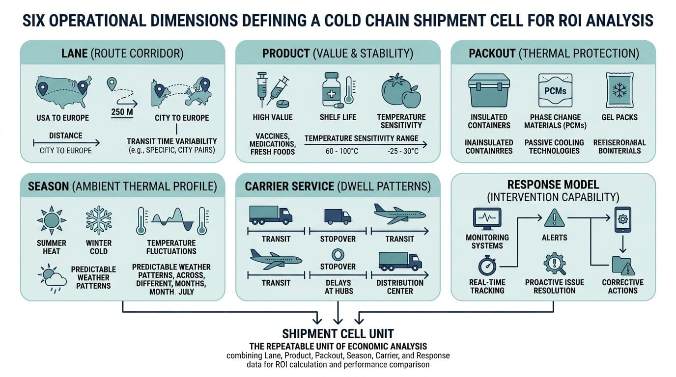 Six operational dimensions that define a shipment cell for cold chain monitoring ROI: lane, product, packout, season, carrier service, and response model