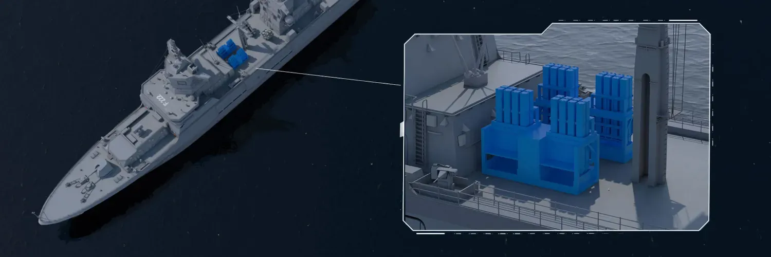 Diehl Defence concept illustration showing naval IRIS-T SLM launchers aboard a German F125 frigate.