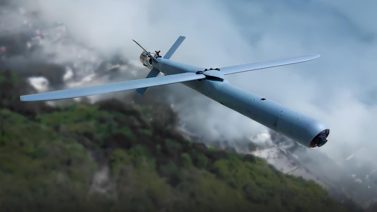 Serbian Gavran loitering munition in flight, developed for reconnaissance and precision-strike missions.