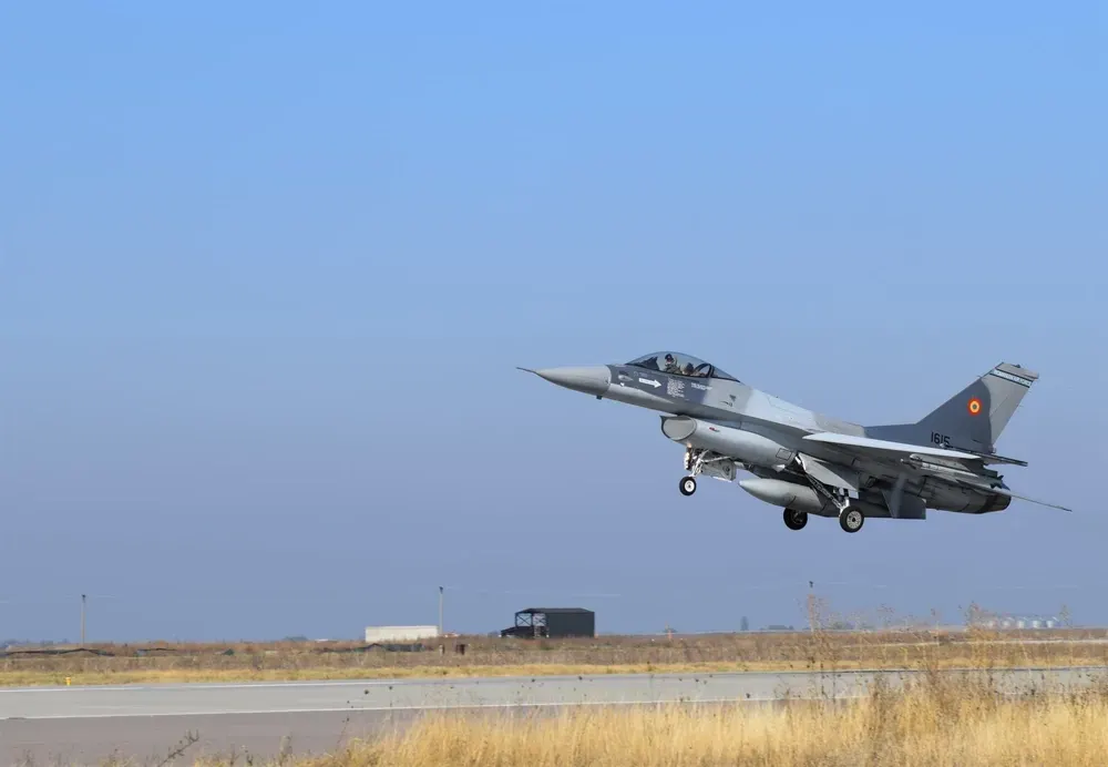 Romanian Air Force F-16 at Borcea Air Base amid increased drone incursions near Ukraine.