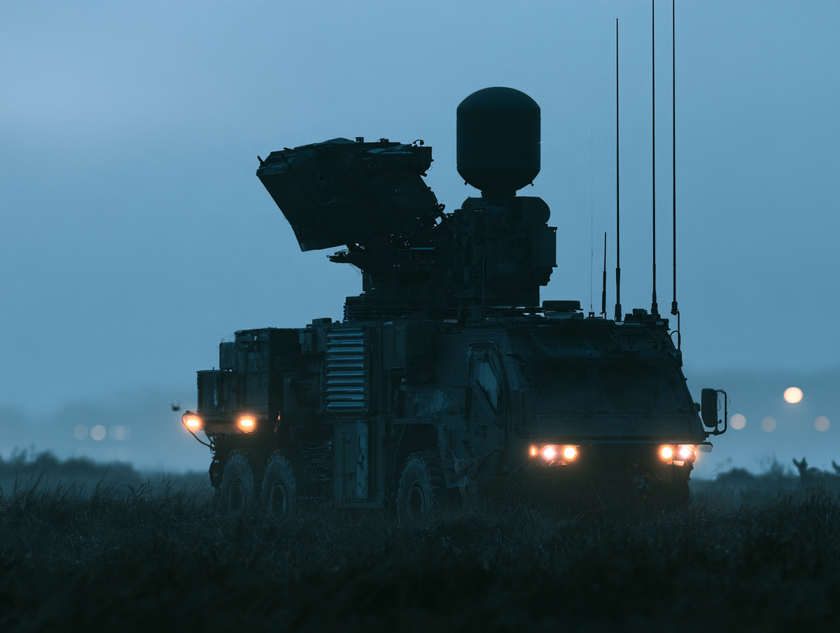 AI-generated illustration of a military vehicle with a rooftop sensor, antennas and illuminated headlights at dusk.