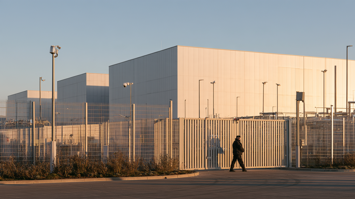 Secured industrial facility with perimeter fencing, surveillance cameras and security personnel.