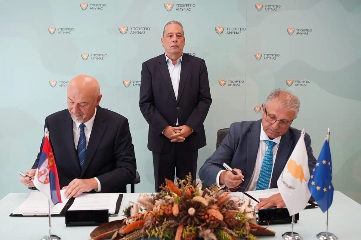 Serbian and Cypriot defense representatives at the signing of a bilateral defense cooperation memorandum in Cyprus in October 2026.