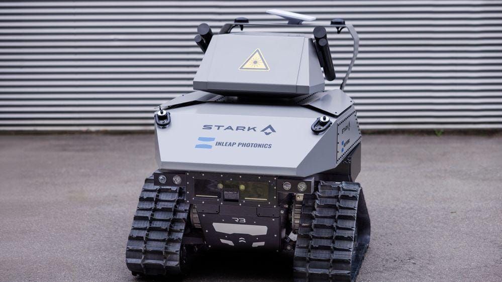 INLEAP Photonics laser-based counter-drone defense system mounted on a tracked unmanned ground vehicle.