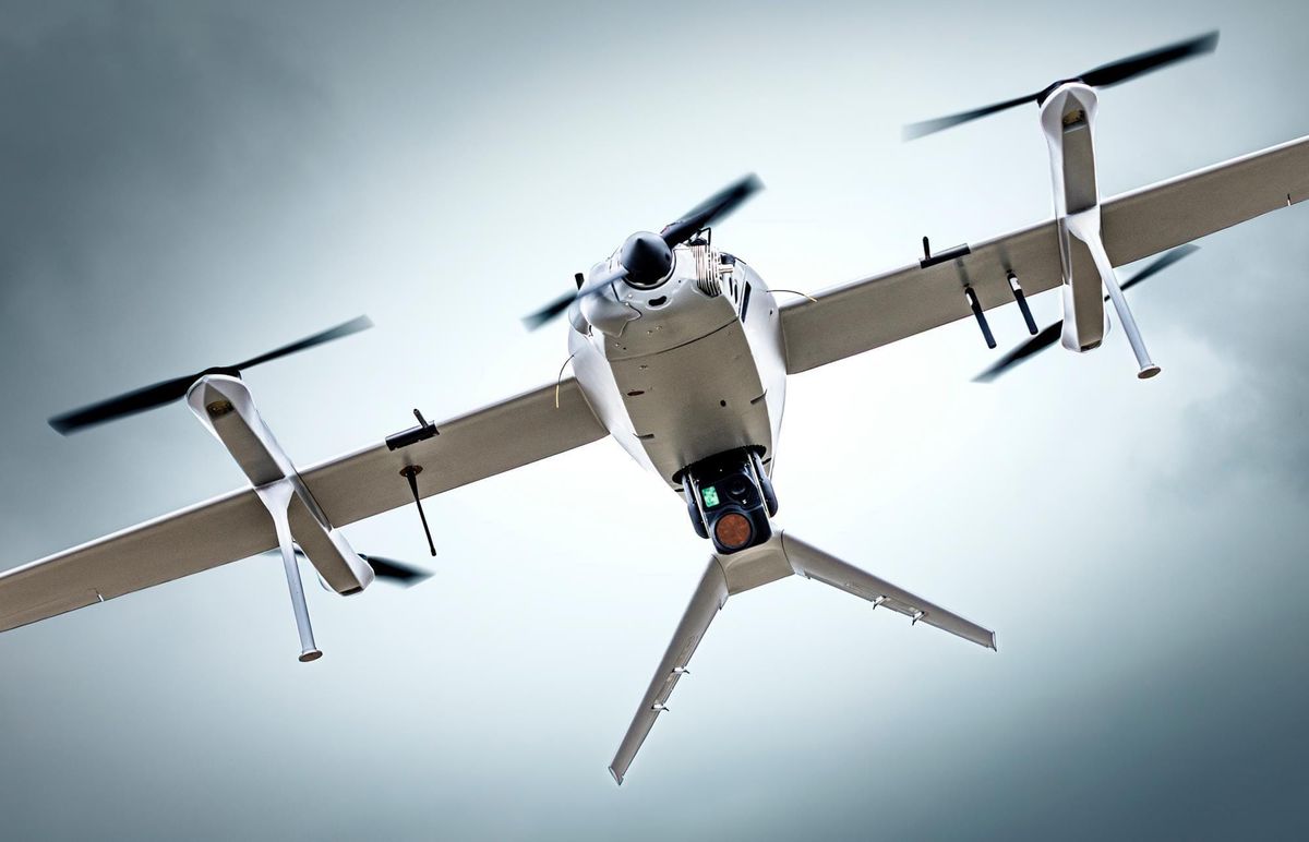 TEKEVER AR3 Evolution reconnaissance drone equipped with surveillance sensors flying during a demonstration.
