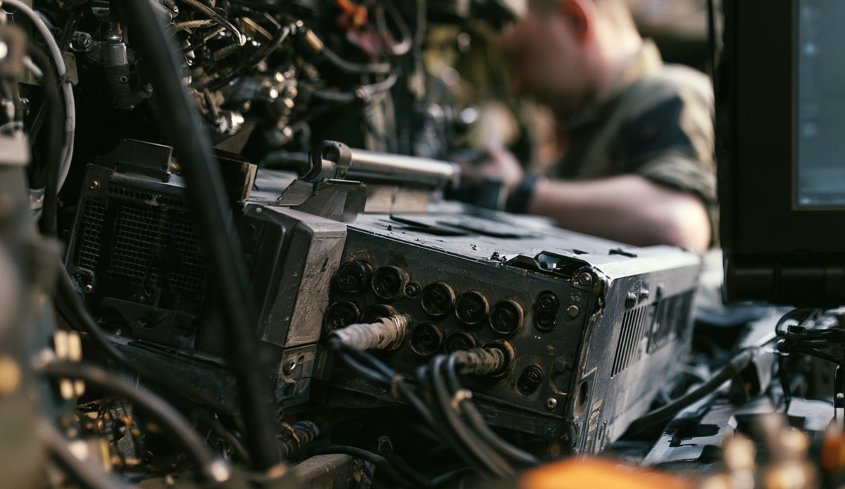Rugged military mission computer mounted inside an armored vehicle, with cables, connectors and a technician checking the system.
