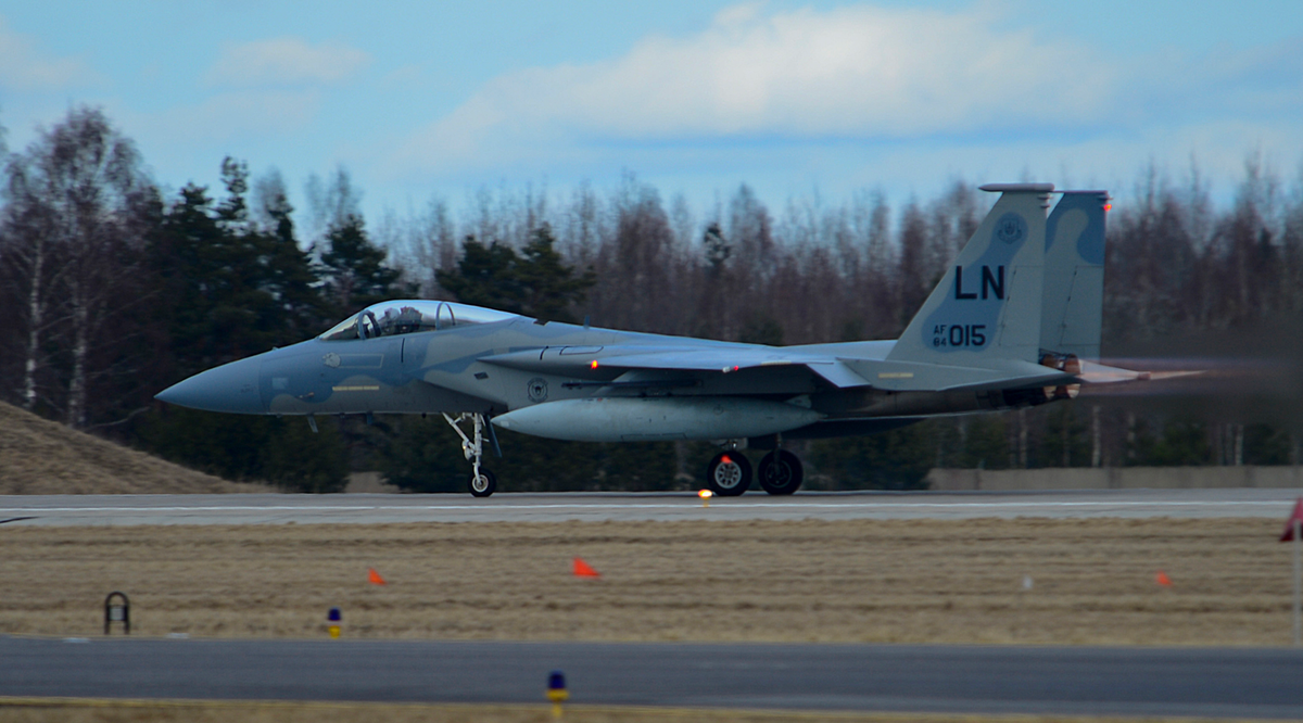U.S. Air Force F-15C taking off from Šiauliai Air Base during NATO Baltic Air Policing.