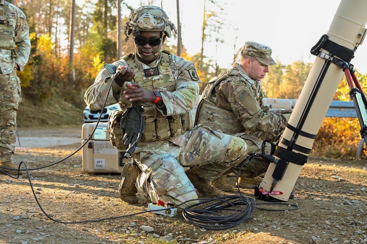 Soldiers train with the AeroVironment Switchblade 600 loitering munition system.