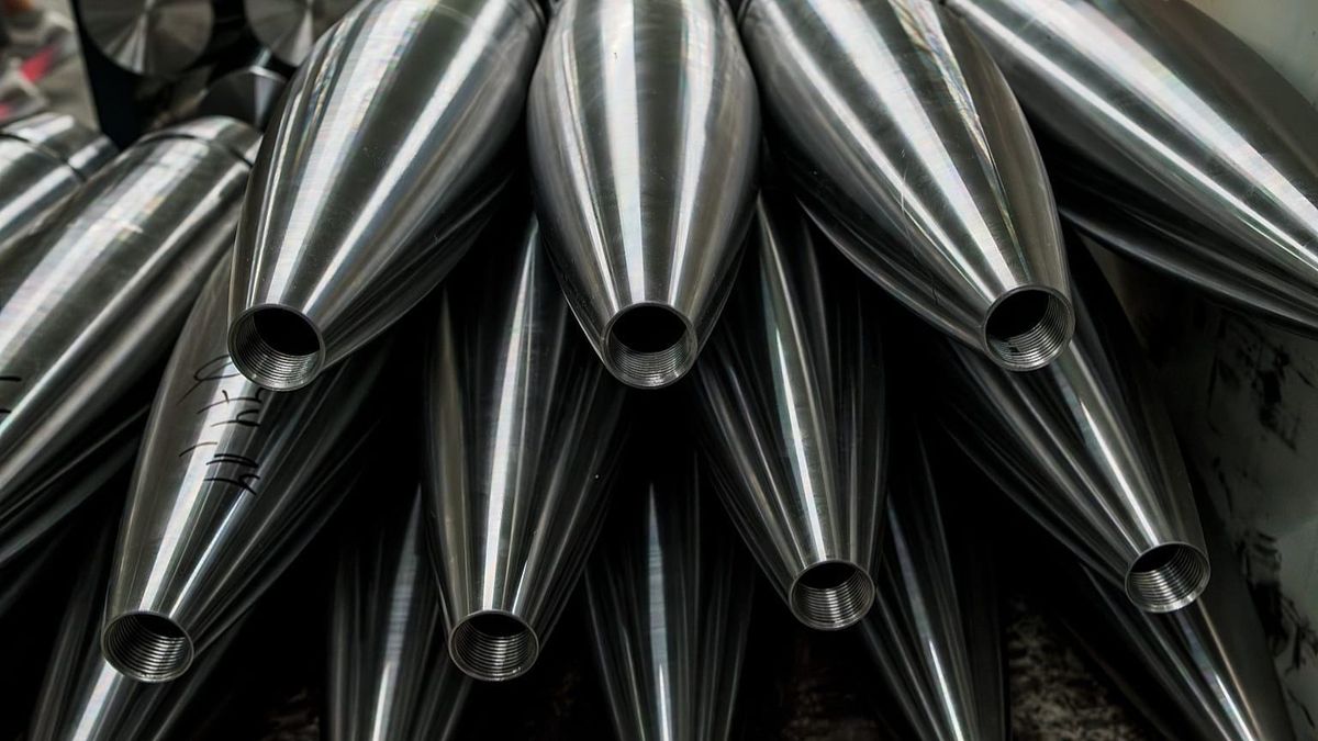 Forged artillery shell bodies at Bulgaria's VMZ Sopot ammunition manufacturing facility.