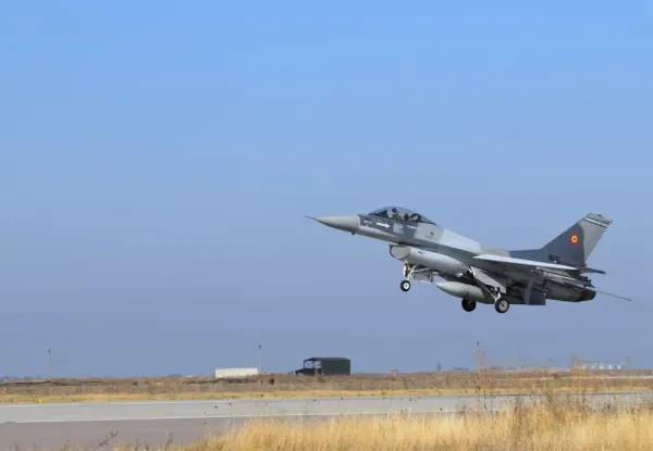 Romanian Air Force F-16 at Borcea Air Base amid increased drone incursions near Ukraine.