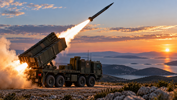K239 Chunmoo multiple launch rocket system firing a long-range missile from coastal terrain.