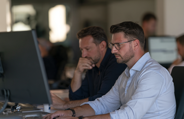 Private intelligence analysts working at computer screens in a modern European office.