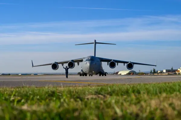 Boeing C-17 Globemaster III operated by the NATO Strategic Airlift Capability program based in Hungary.