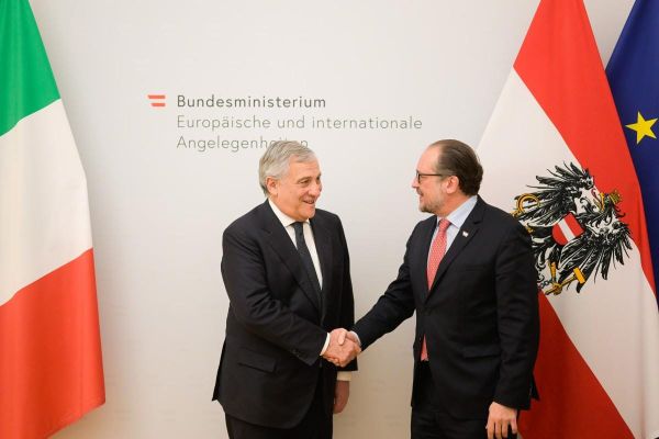 Italian diplomat Riccardo Guariglia and Austrian diplomat Nikolaus Marschik shaking hands in Vienna, with Italian, Austrian and EU flags behind them.