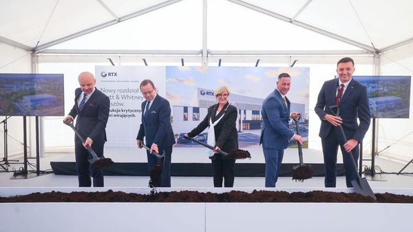 Pratt & Whitney executives and Polish officials participate in the groundbreaking ceremony for a new aerospace engine components manufacturing facility in Rzeszów.