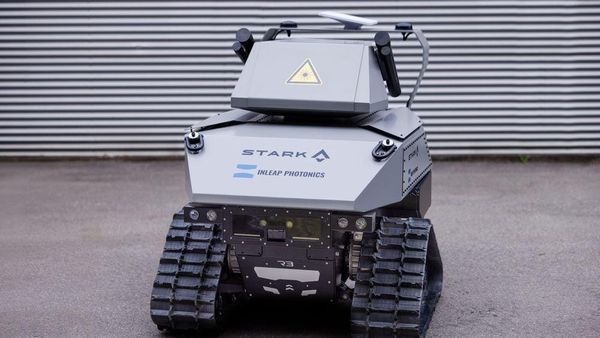 INLEAP Photonics laser-based counter-drone defense system mounted on a tracked unmanned ground vehicle.