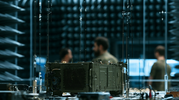 Military-grade electronic equipment undergoing EMC testing in an anechoic chamber, with test antennas and engineers in the background.