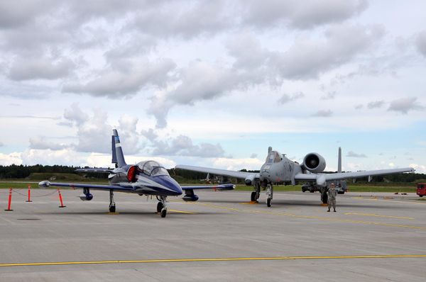Estonian Air Force Aero L-39C Albatros training aircraft parked at Ämari Air Base.