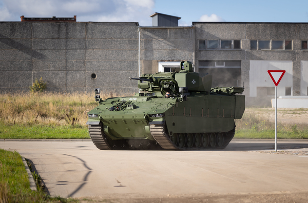 Latvia’s first ASCOD Hunter infantry fighting vehicle during its handover in Valmiera on October 7, 2026.