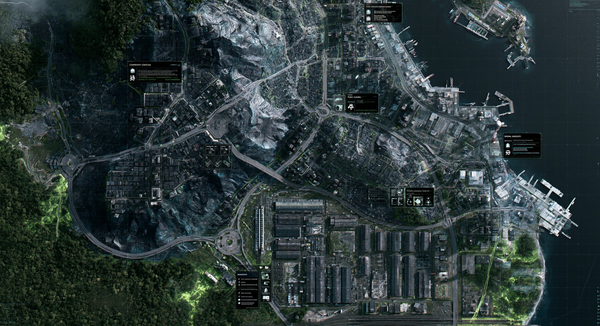 AI-generated satellite-style map of a coastal city with digital intelligence overlays, illustrating geospatial conflict monitoring and OSINT analysis.