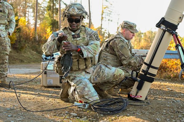 Soldiers train with the AeroVironment Switchblade 600 loitering munition system.