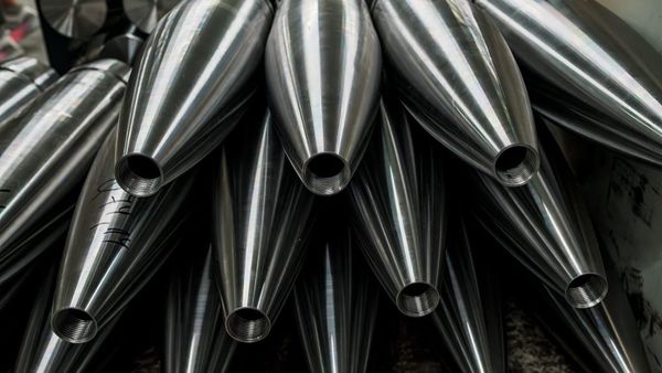 Forged artillery shell bodies at Bulgaria's VMZ Sopot ammunition manufacturing facility.