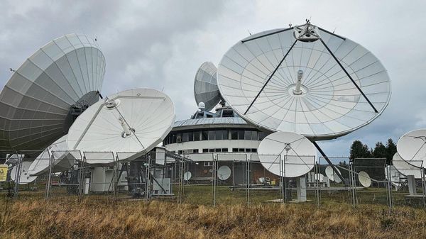 Satellite communication antennas at the Plana ground station near Sofia, Bulgaria. 