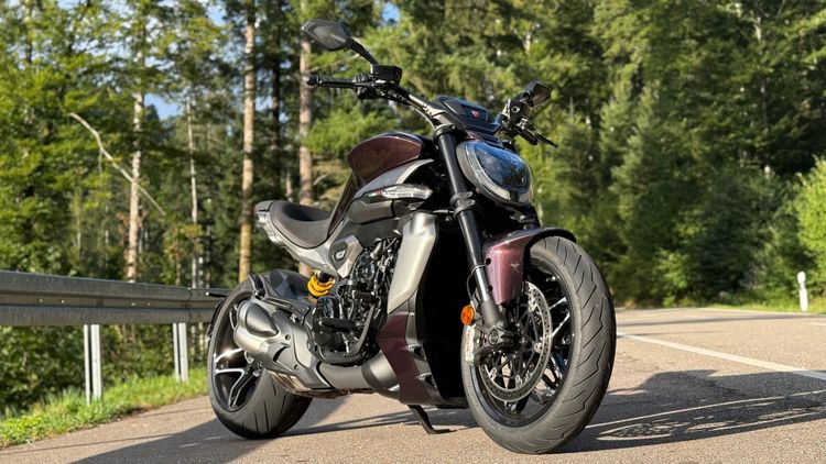 Modernes Naked-Bike-Motorrad in dunkler Bordeaux- und Schwarztönung auf einer sonnigen Waldstrasse, fotografiert aus tiefer Perspektive mit Fokus auf Front, Reifen und sportliches Design.