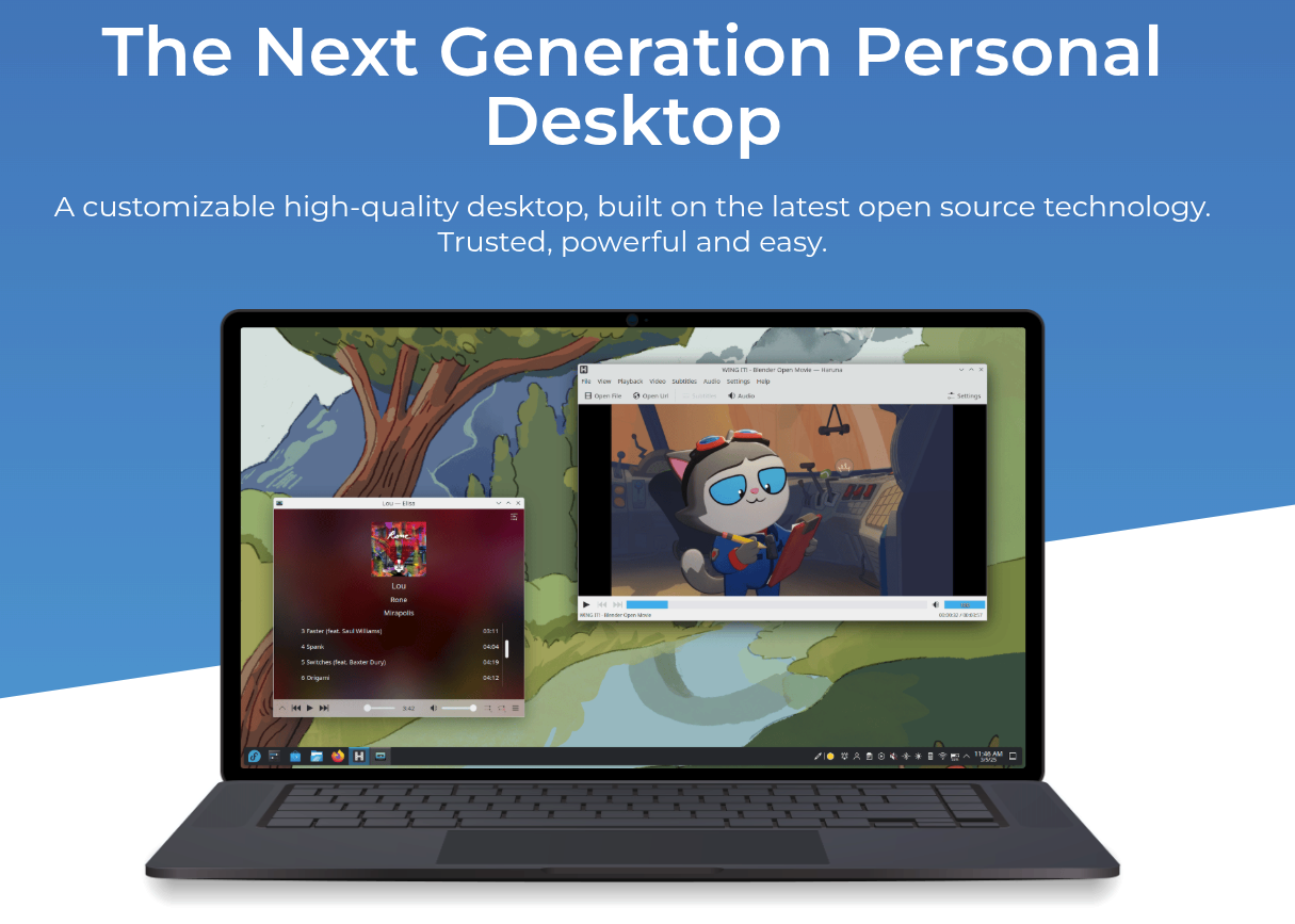 Screenshot of the Fedora Linux desktop environment displayed on a laptop, showcasing a modern open-source operating system designed for developers and professional users.